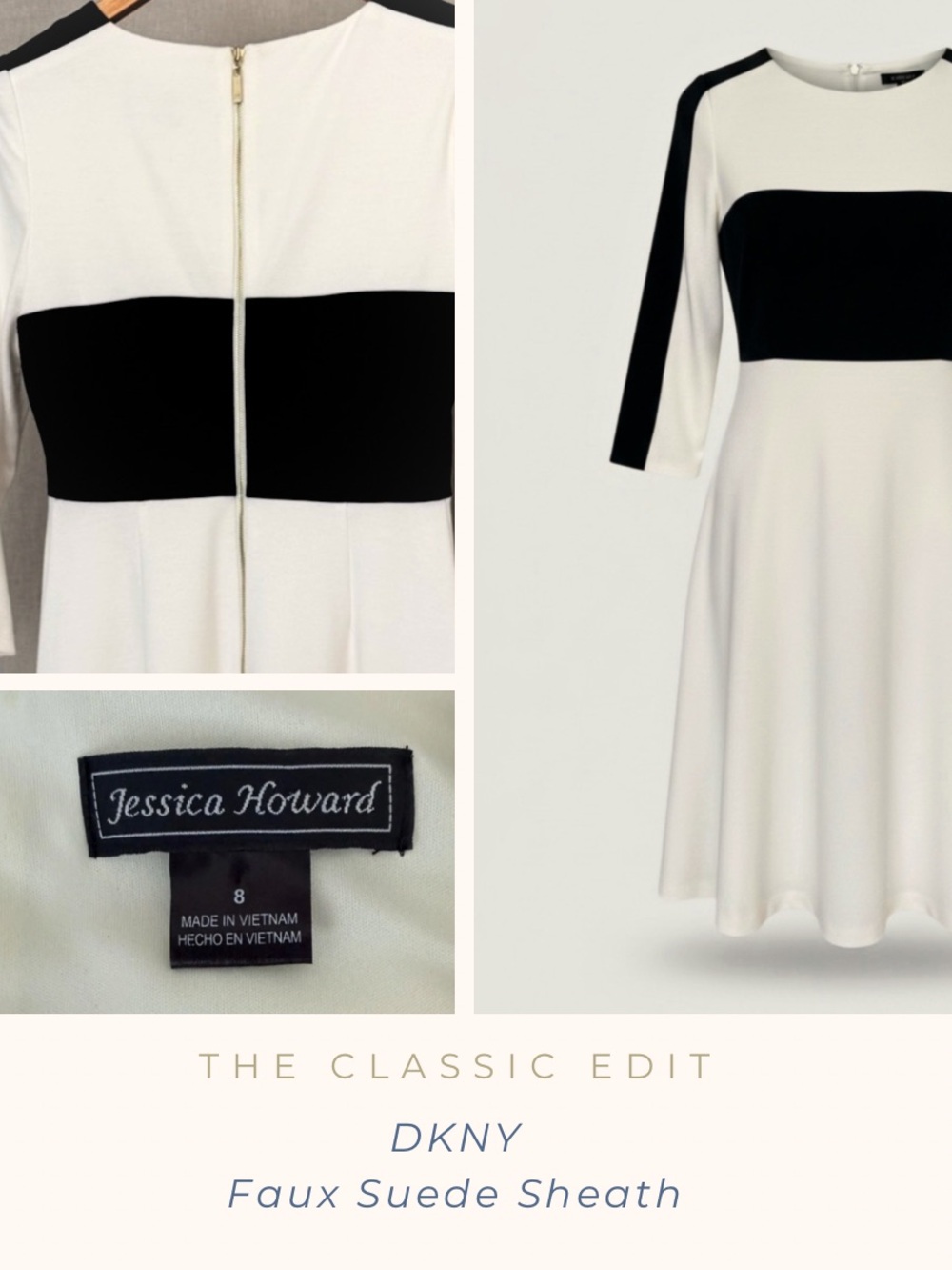Colorblock Ponte Knit A-Line Dress | Black & Ivory | 3/4 Sleeve Classic
